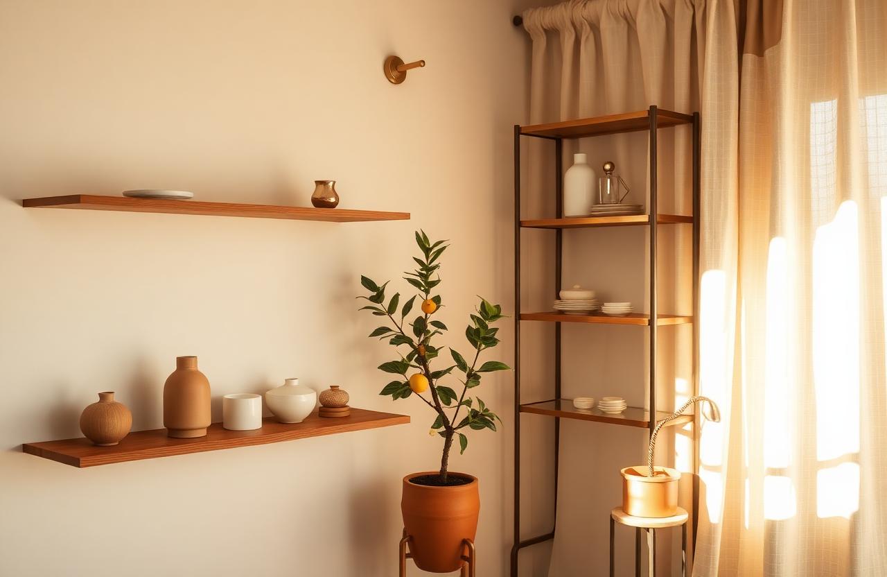 Intérieur du salon She X Me — étagères dorées, citronnier et lin naturel